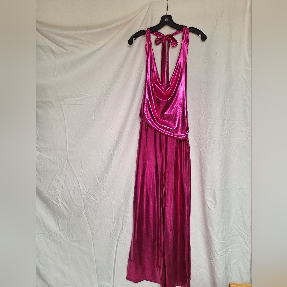 Women' Metalic Pink Halter Top Jumpsuit  Open Back & Draped Front - Size Medium